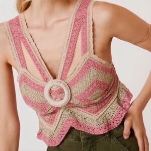 Anthropologie - Let Me Be - Open Back Crochet Tank Top Size Small Pink/Cream